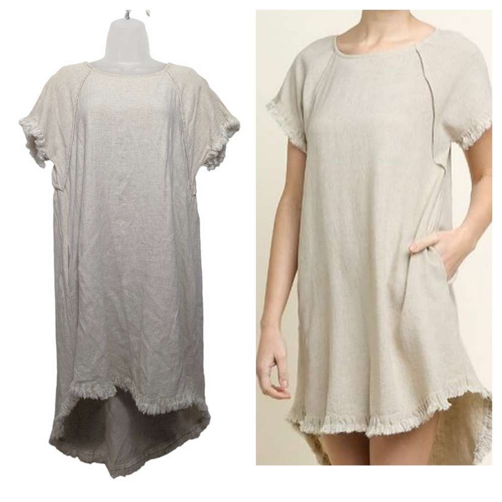 Umgee Woman's High Low Boho Beachy Summer Linen Cotton Blend Mini Dress Size L